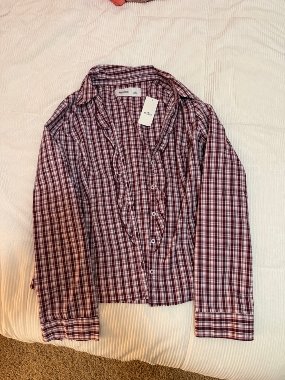 Hollister Red & White Plaid Ruffled Button-Up Shirt